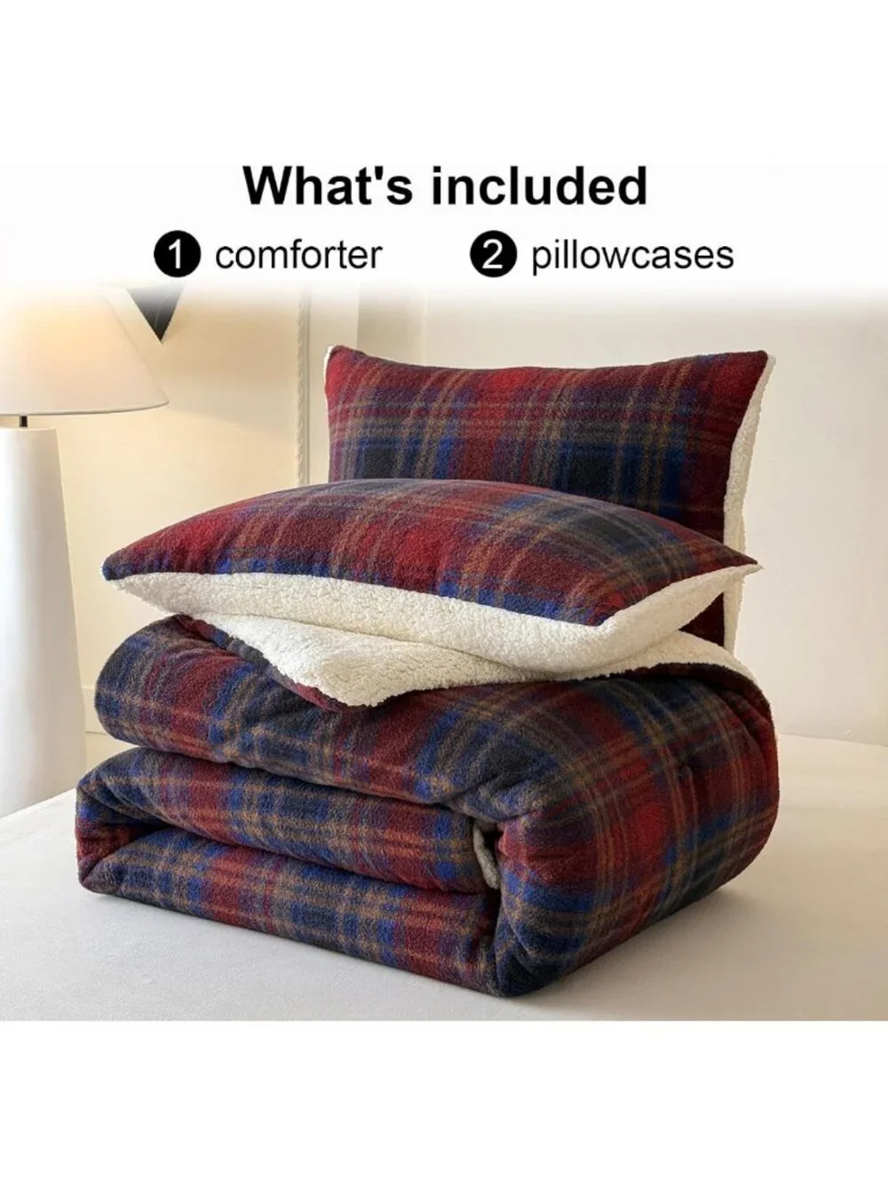 Cozy Plaid Sherpa Comforter Set, 3-Piece Fluffy Fleece Bedding, Queen Size